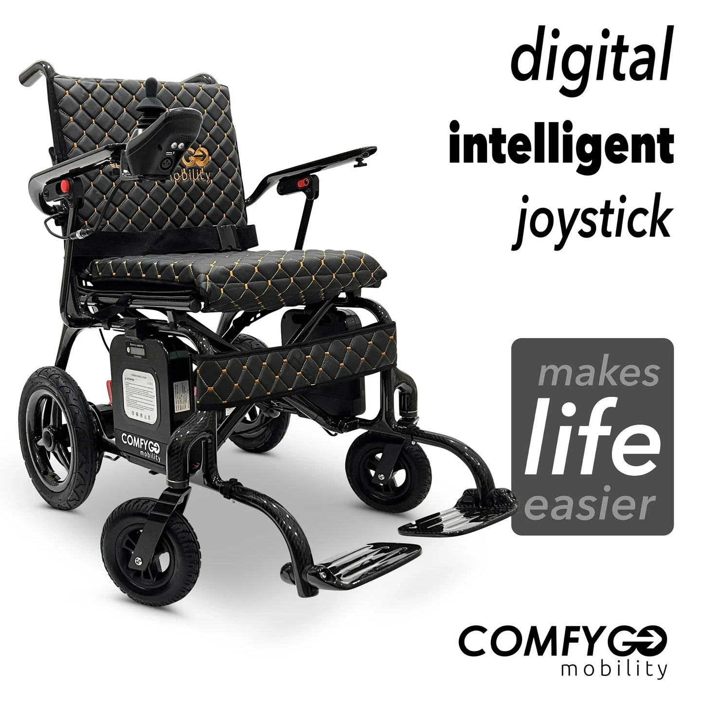 Electric wheelchair ComfyGO Phoenix Carbon – front three-quarter view, black and gold