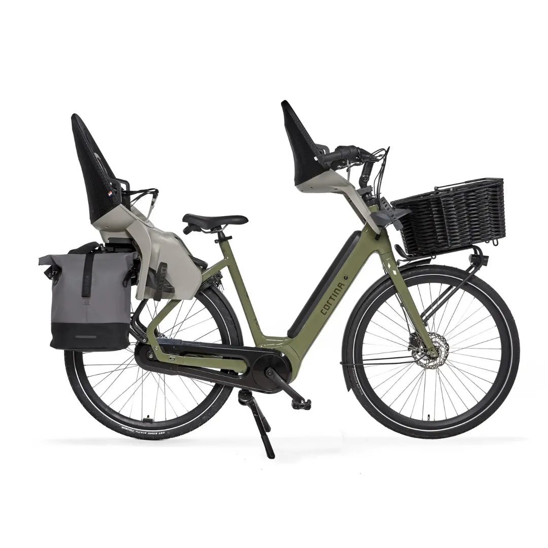 Cortina Common Family electric bike with two child seats and a basket, ideal for family rides