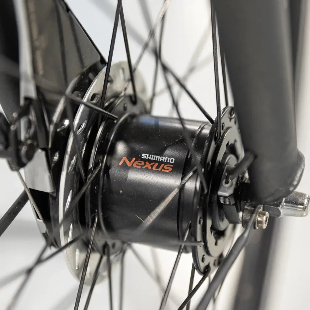 A close-up of the hub on a Cortina Common Family e-bike, showing Shimano Nexus components