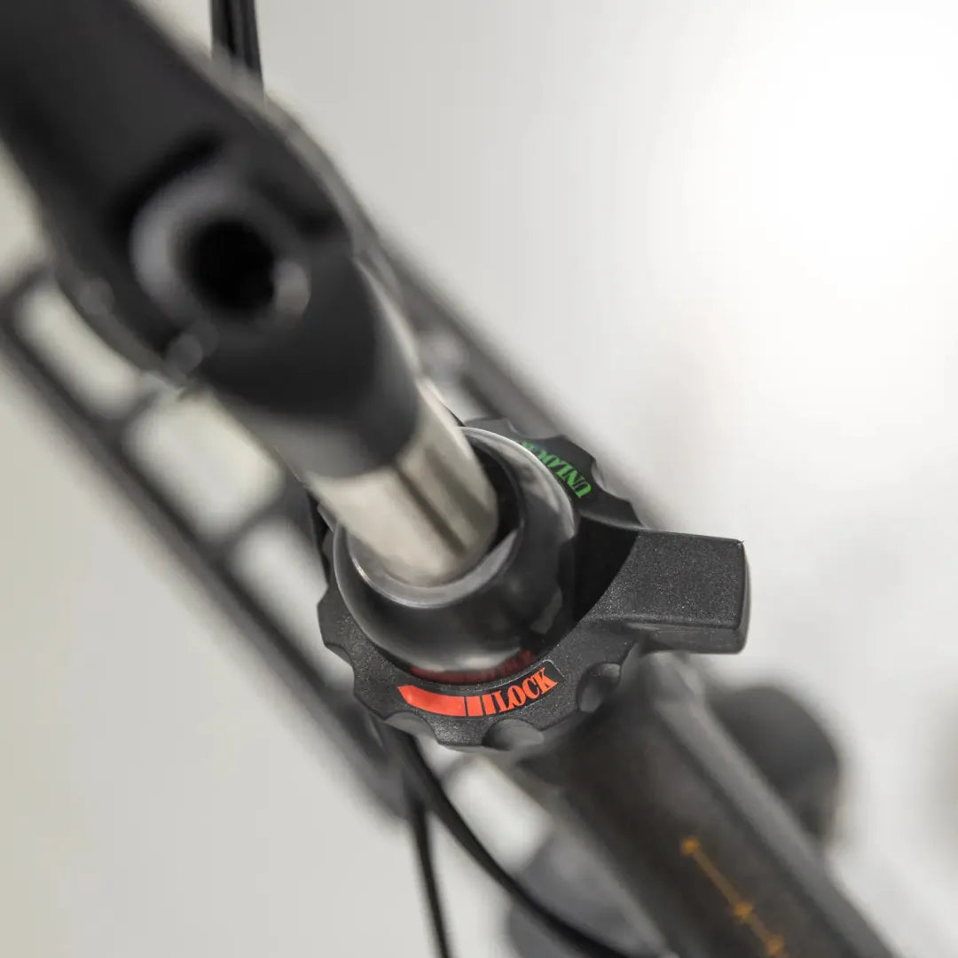 A close-up of the control button on the Cortina Common Family electric bike