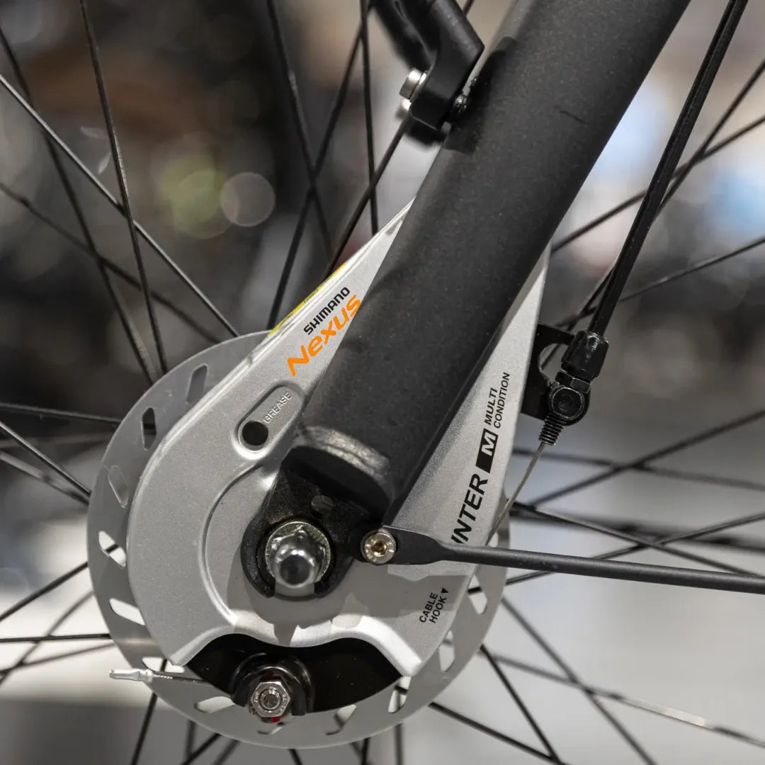 A close-up of the Shimano Nexus hub on the Cortina Common Family electric bike