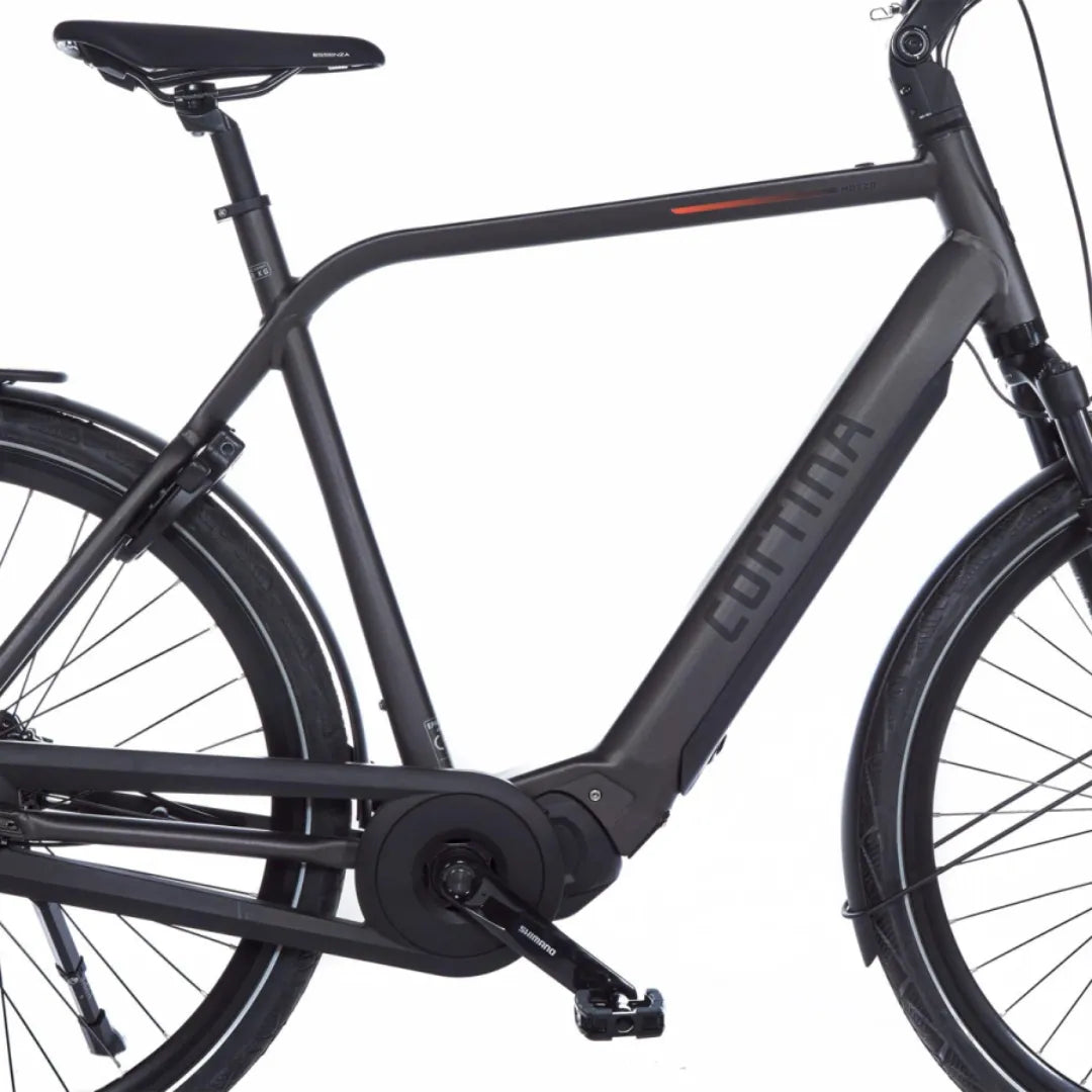 Cortina E Mozzo electric bike with an elegant black frame and modern design elements