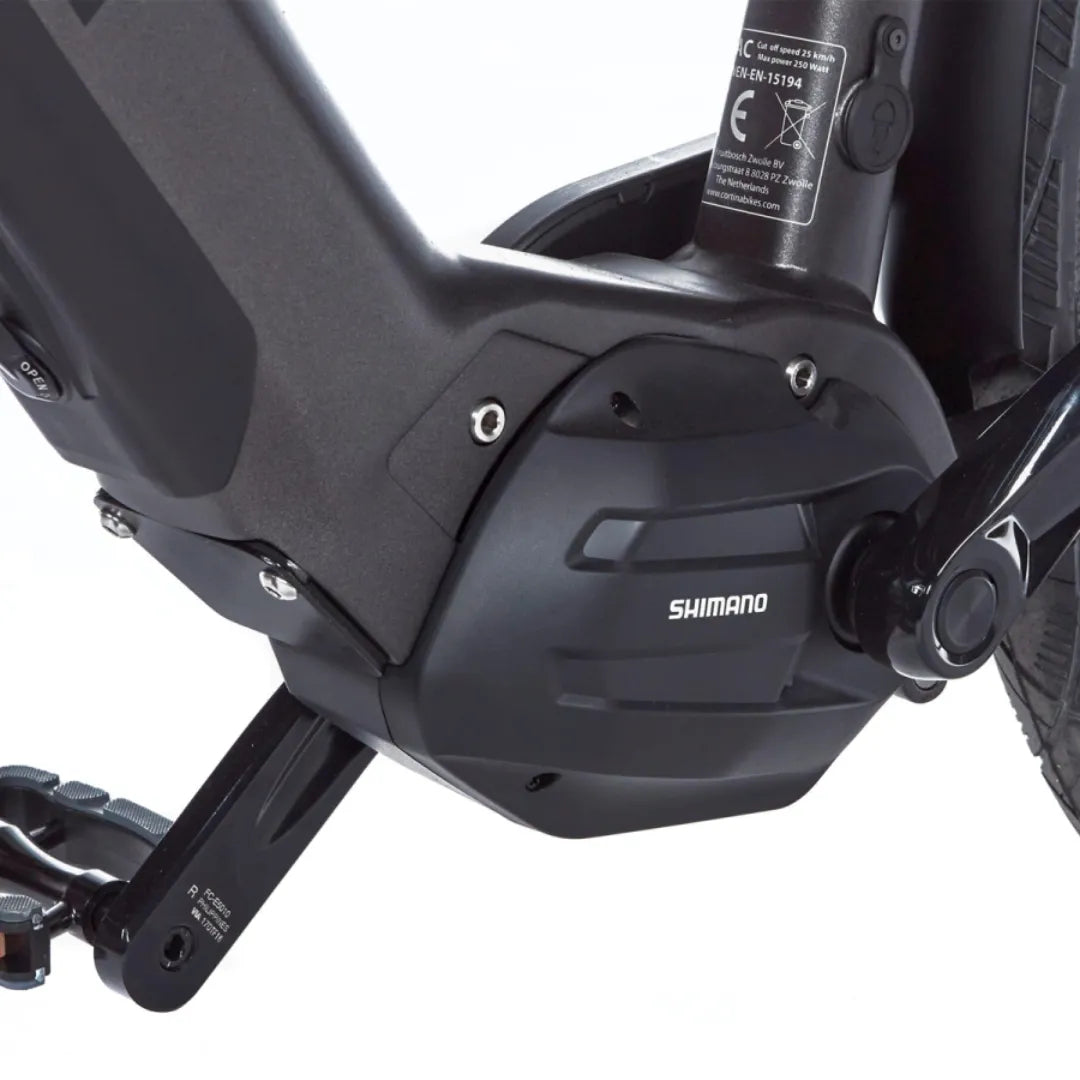 A close-up view of the Shimano motor on the Cortina E Mozzo electric bike