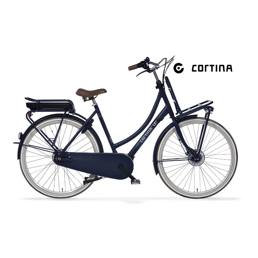 Električno kolo Cortina E U4 Transport v mornarsko modri barvi s klasičnim dizajnom in udobnim sedežem.
