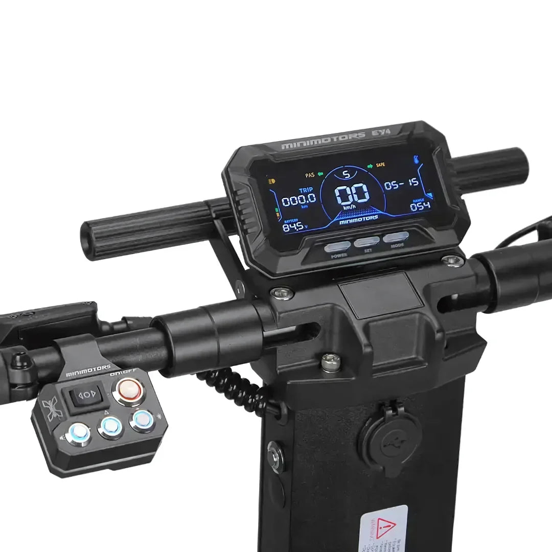 Electric Scooter Dualtron X Limited features a high-tech dashboard displaying speed, battery level, and mode settings.