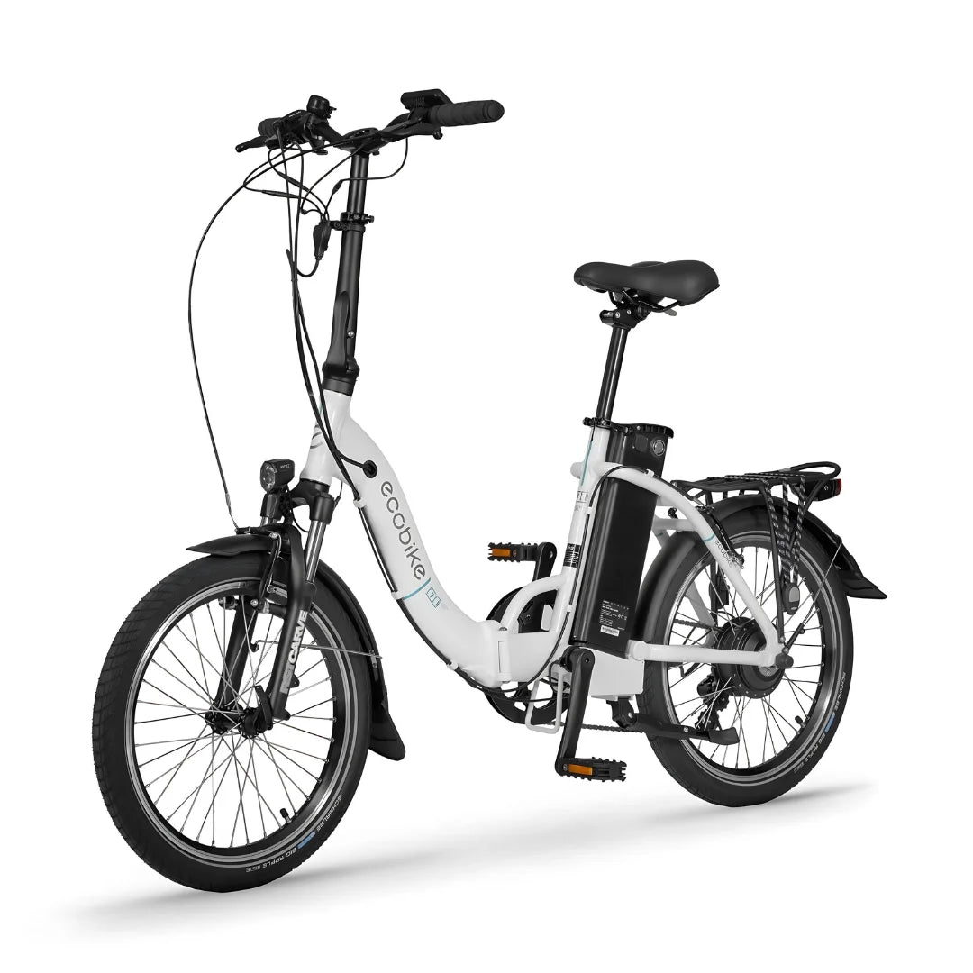 Electric Bike Ecobike Even is a compact and stylish e-bike with a white frame, front light, and a removable battery.
