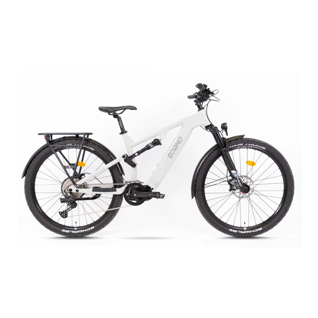 Mountain Electric Bike Econo Pantera Suv C6 120 features a sleek white frame, sturdy tires, and rear rack.