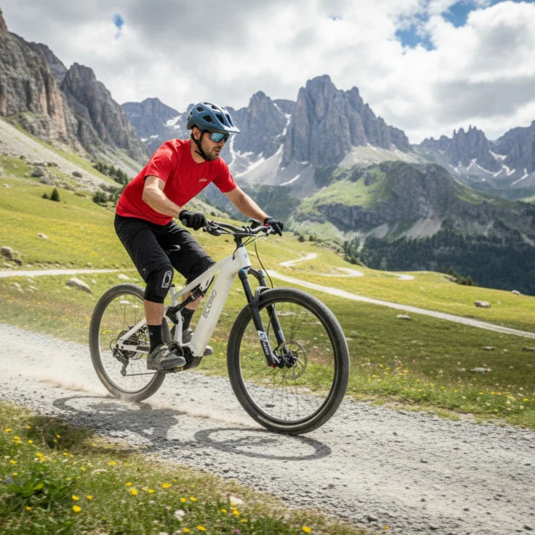 Electric bicycle ECONO Pantera C9 160 – rider on gravel path, green mountains