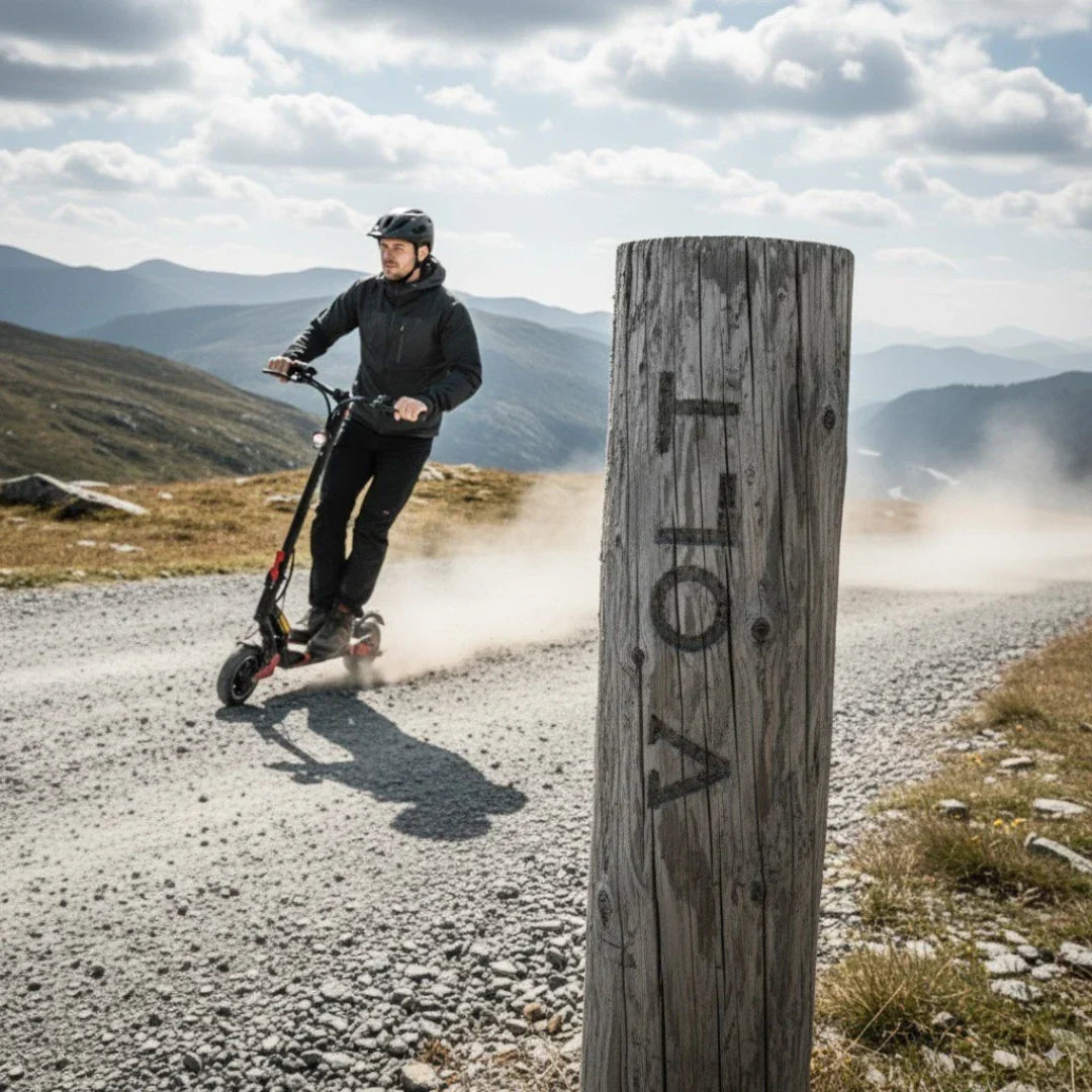 Electric scooter ECO Speed 9 – rider on dirt road, mountain background