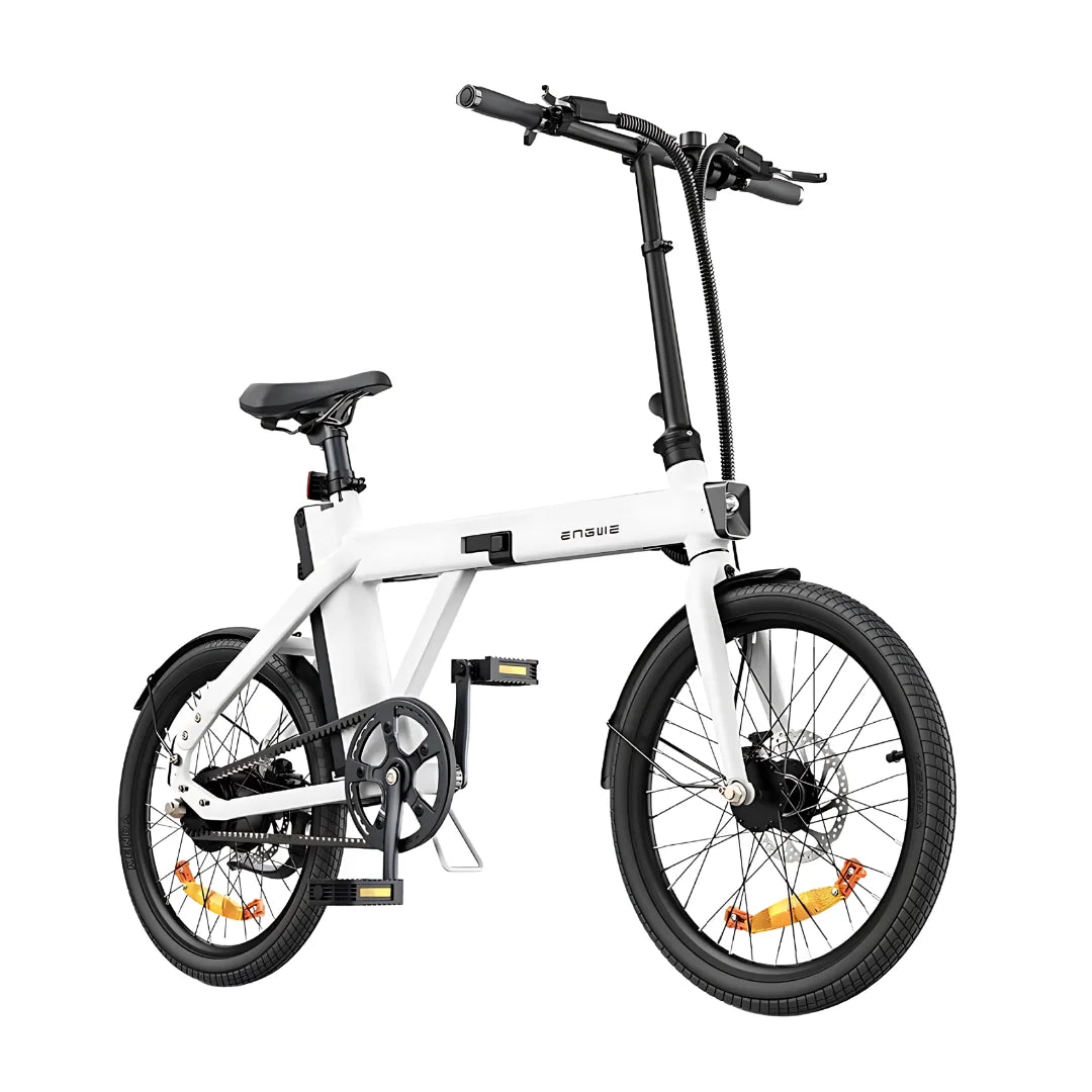 Electric Bike Engwe P20 features a sleek white frame, compact design, adjustable seat, and fast wheels.