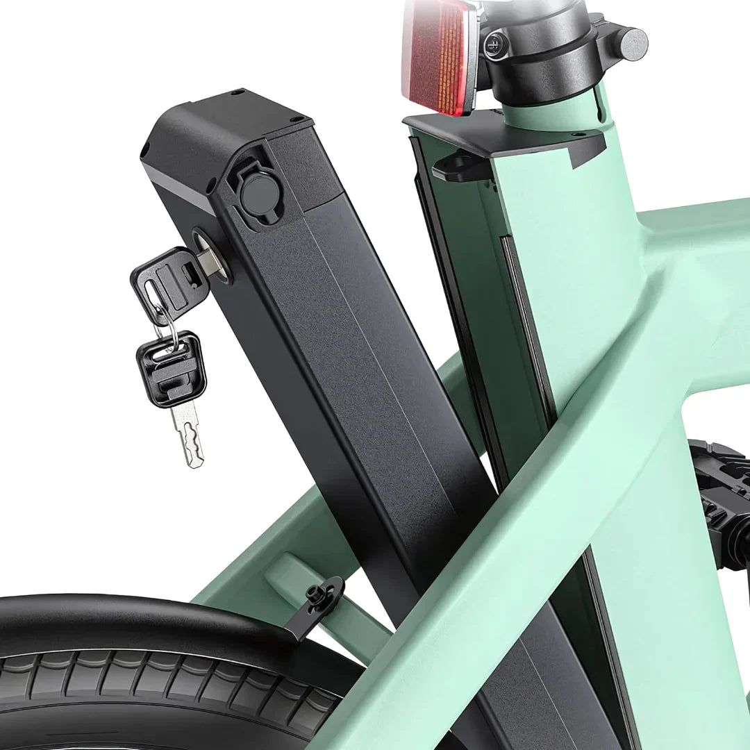 Electric Bike Engwe P20 features a sleek design, removable battery, and key lock for security and convenience.
