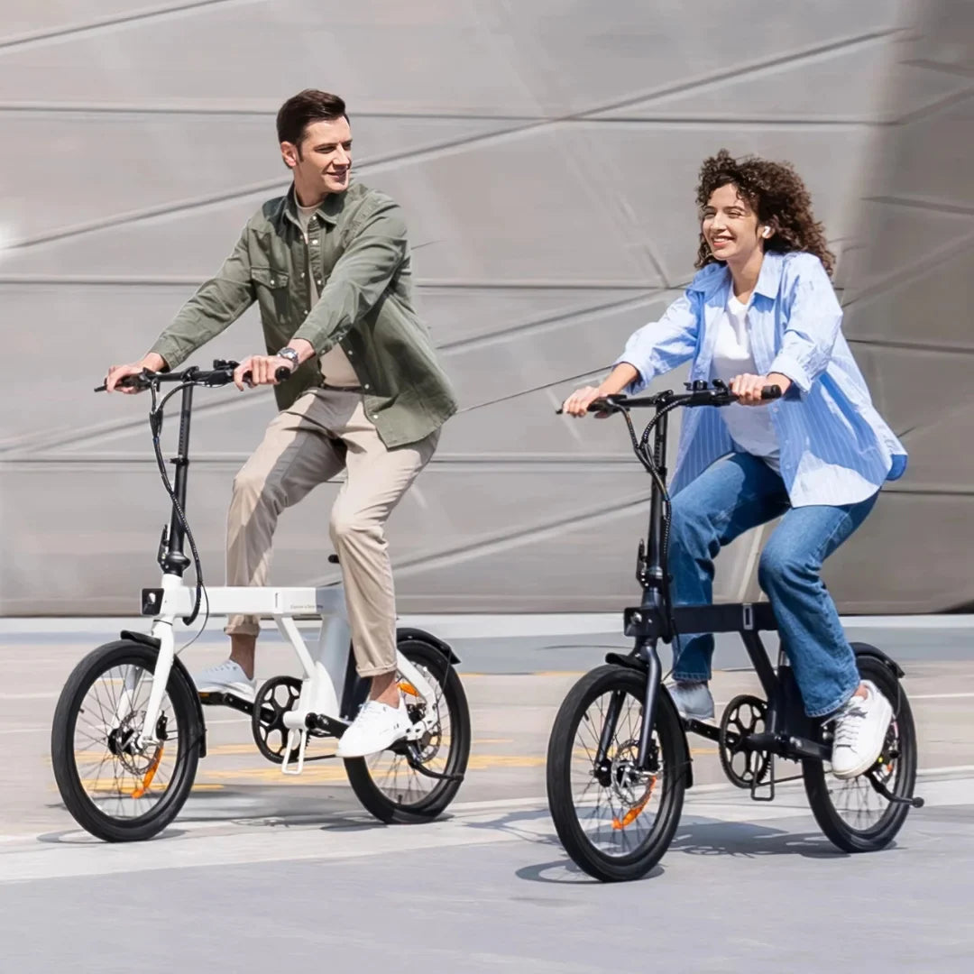 Electric Bike Engwe P20 features two riders on stylish foldable e-bikes, one in white and one in black.