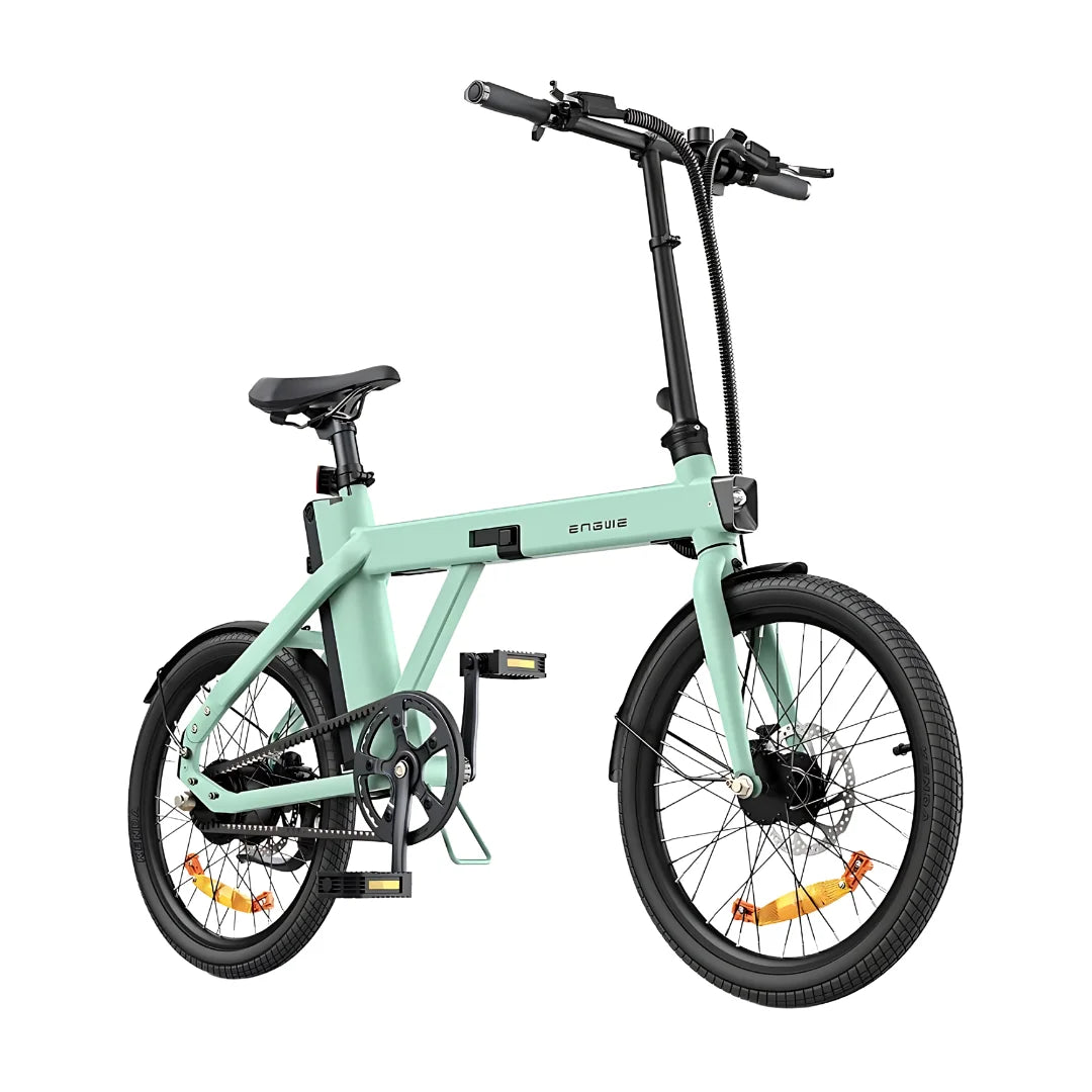 Electric Bike Engwe P20 features a sleek mint green design, compact frame, and adjustable handlebars for comfort.