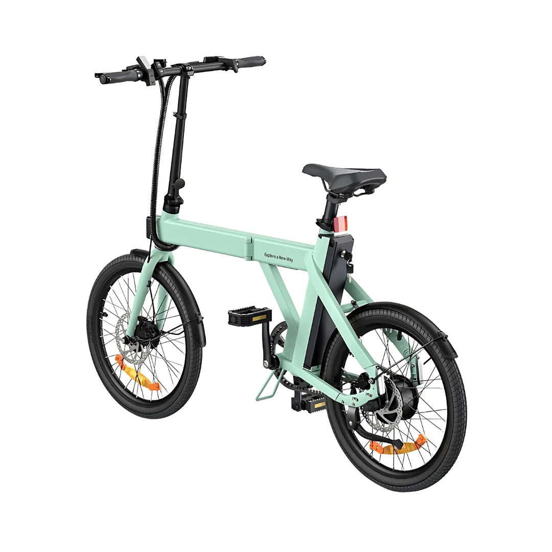 Electric Bike Engwe P20 features a sleek mint green frame, compact design, and sturdy wheels for urban commuting.