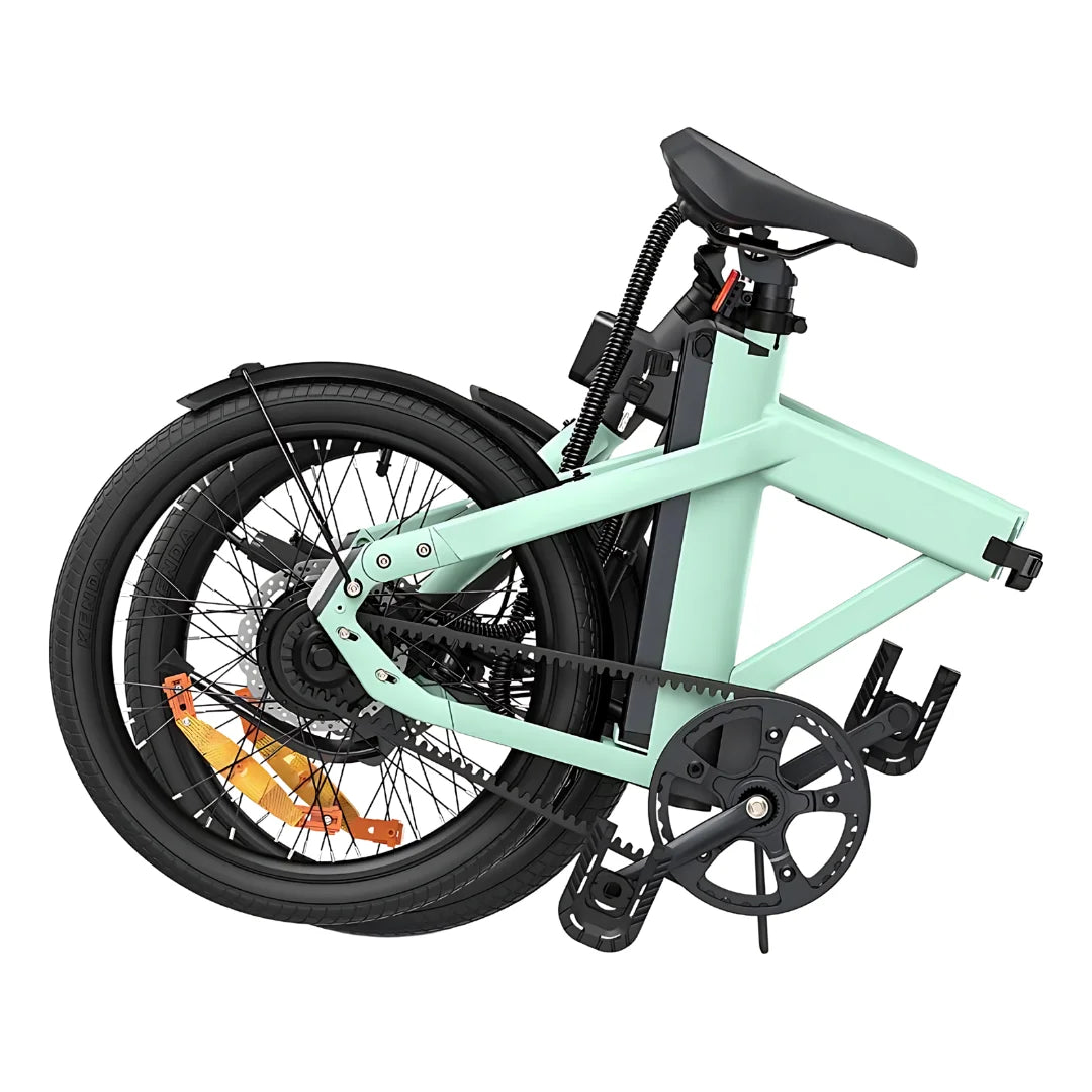 Electric Bike Engwe P20 features a compact folding design, mint green frame, and durable tires for portability.