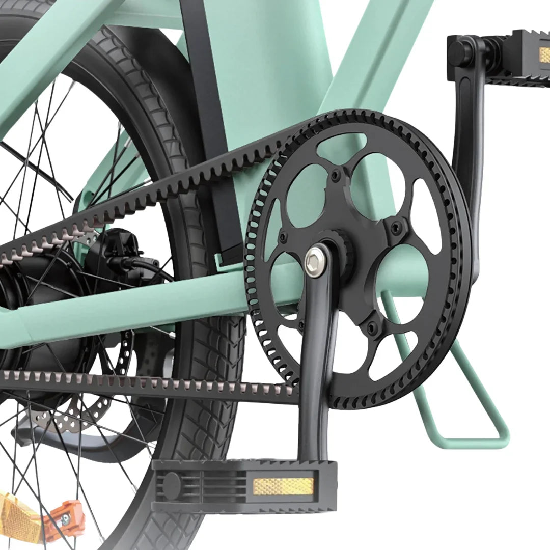 Electric Bike Engwe P20 features a sleek mint frame, belt drive system, and sturdy pedals, enhancing performance.
