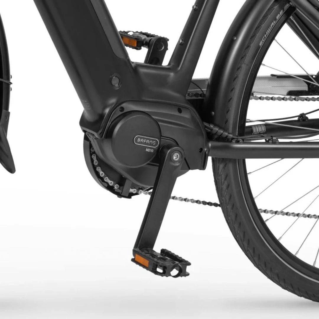 Electric Bike Ecobike Lx 100, showcasing a Bafang motor and sleek design with pedals and black frame.