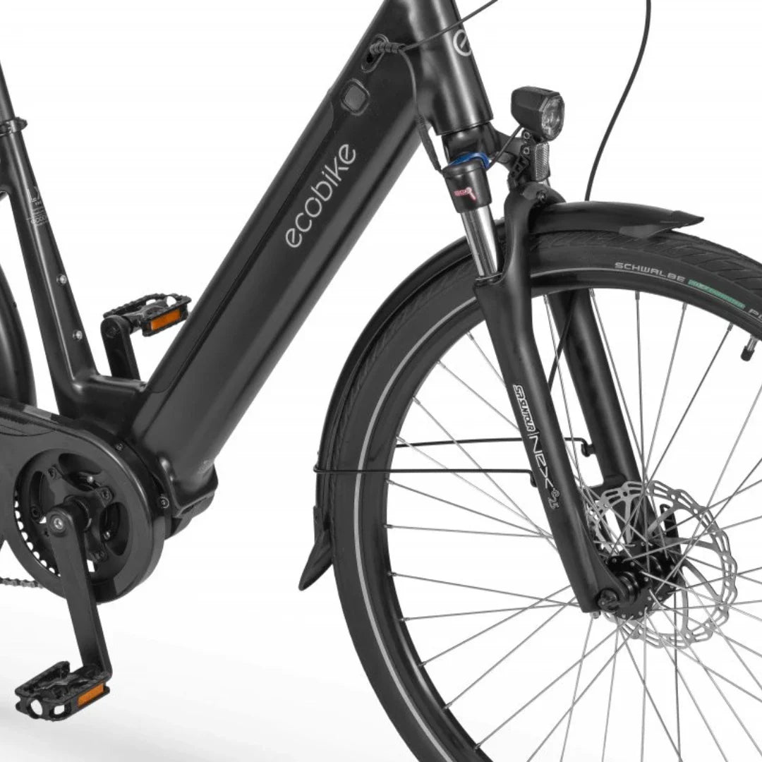 Electric Bike Ecobike Lx 100, sleek black frame, front suspension, disc brakes, stylish design.