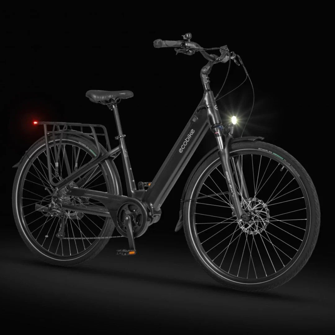Electric Bike Ecobike LX 100, sleek black design, integrated lights, comfortable seating, and rear rack.