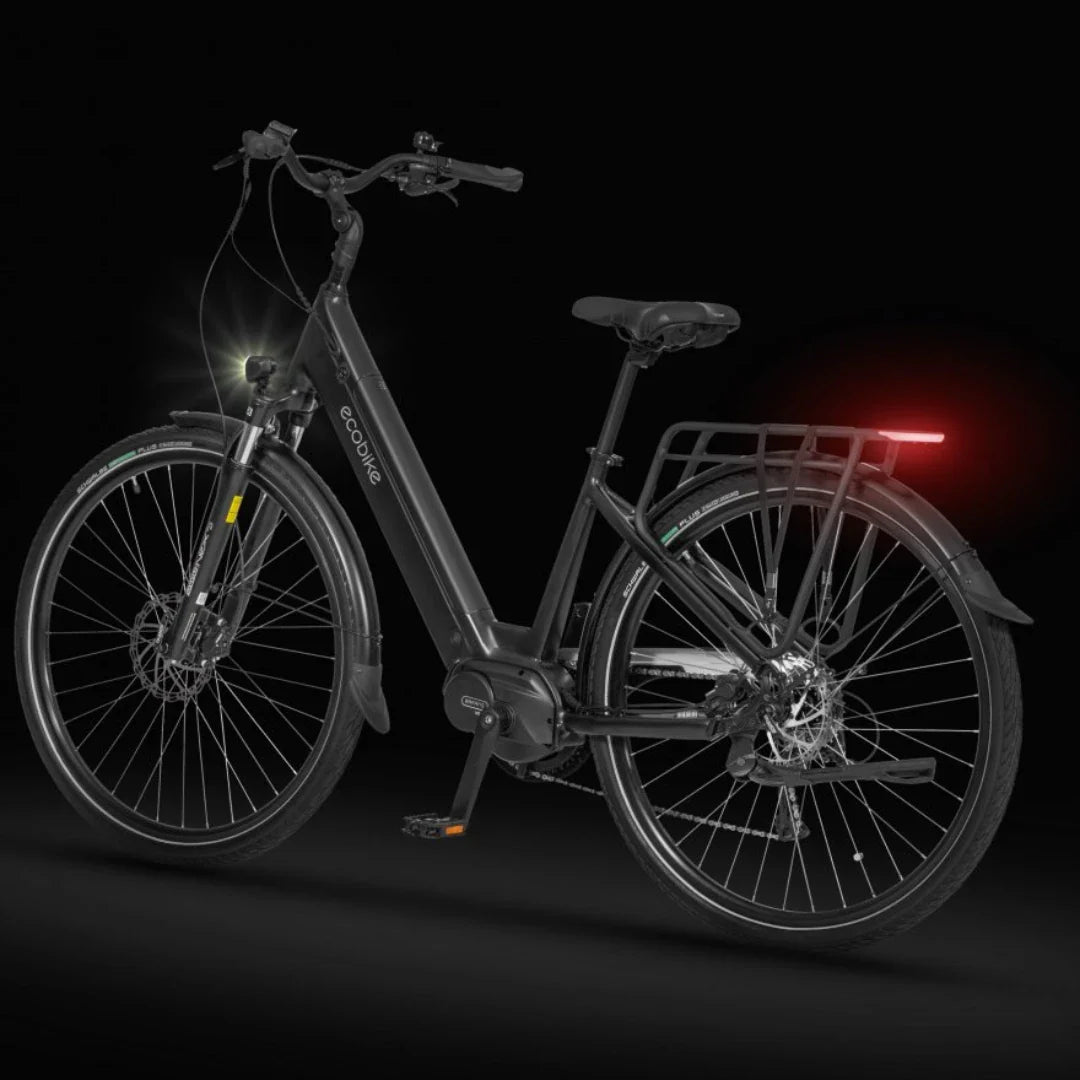 Electric Bike Ecobike Lx 100, sleek design, black frame, front and rear lights, sturdy rack.
