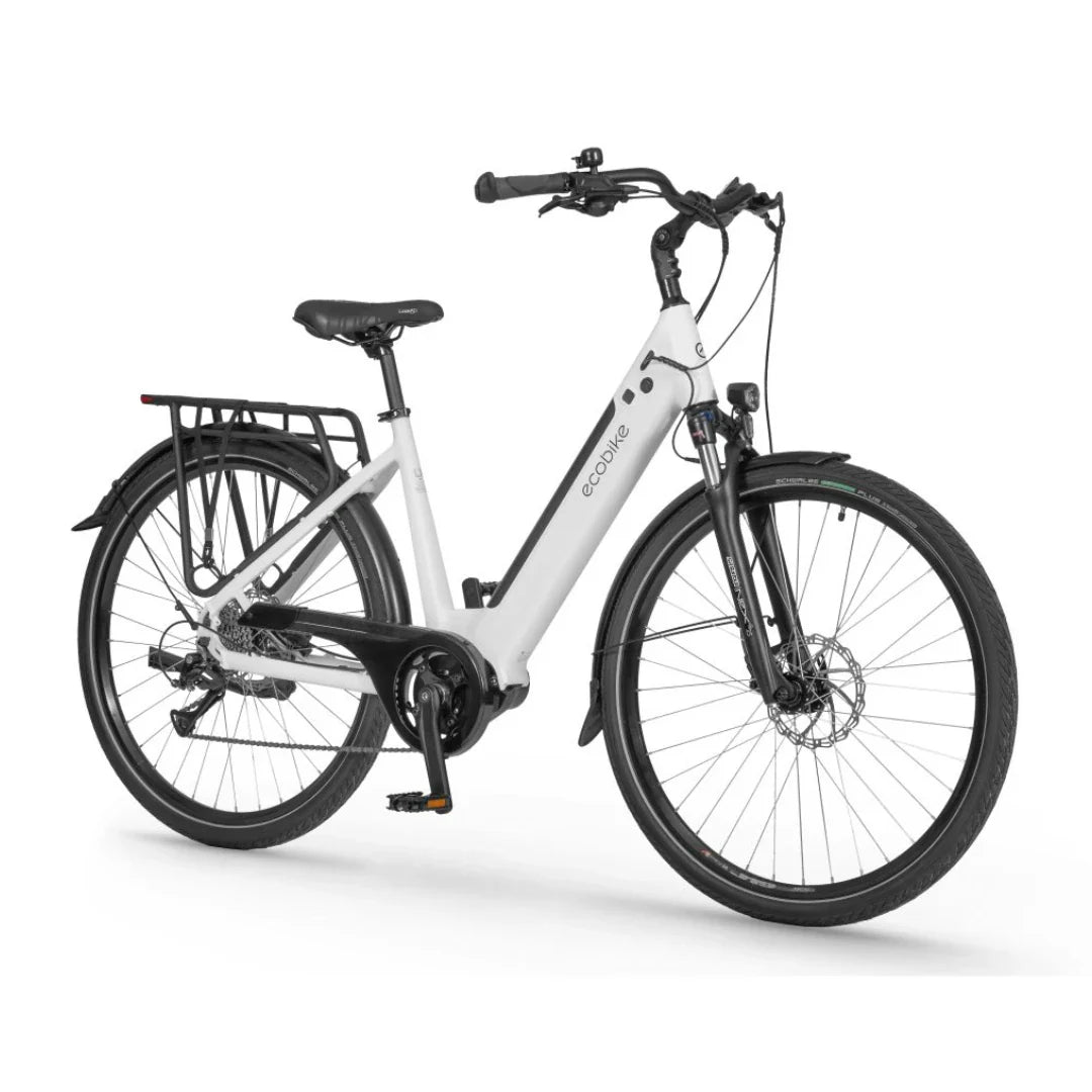 Electric Bike Ecobike Lx 100, sleek white frame, comfortable seat, front suspension, and rear rack.