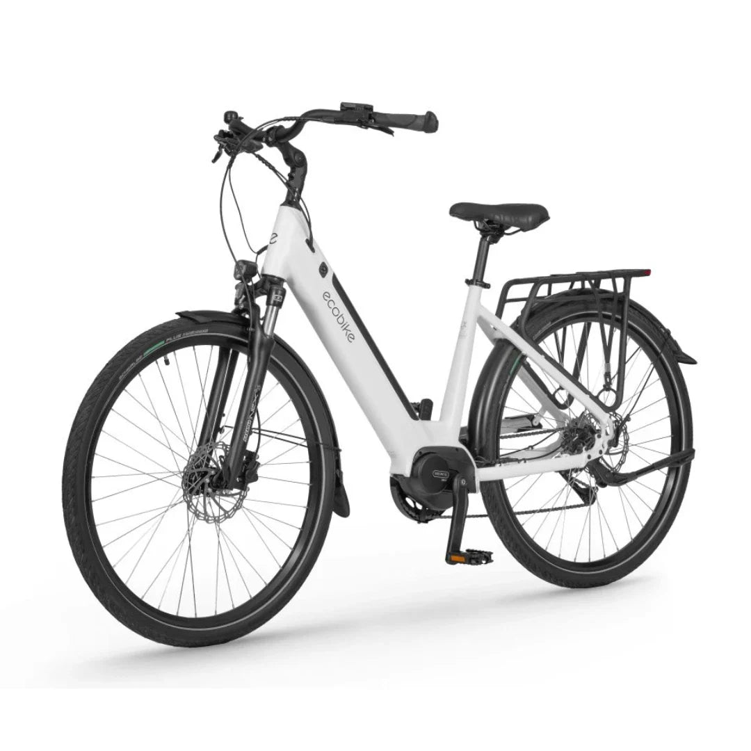 Electric Bike Ecobike Lx 100, sleek white frame, comfortable seat, front suspension, rear rack, modern design.