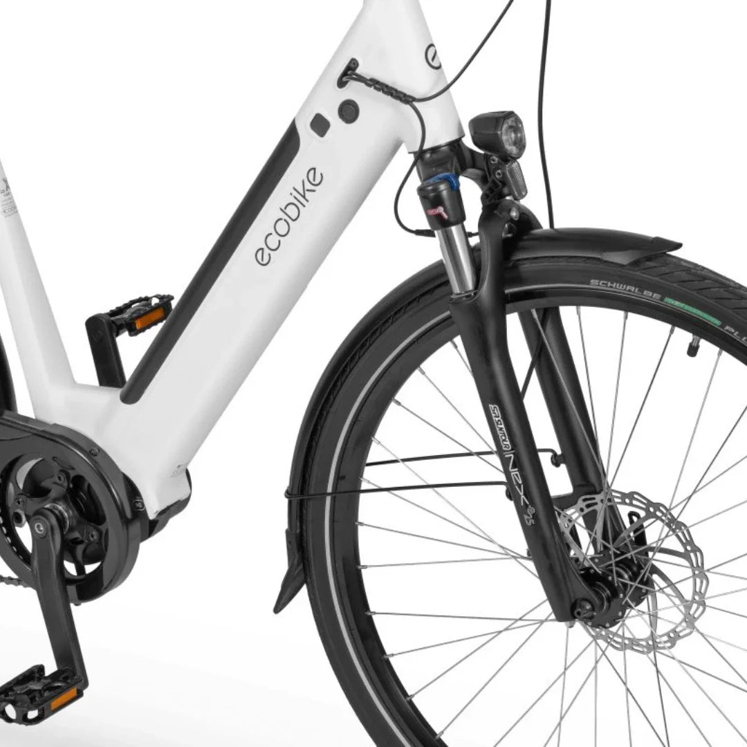 Electric Bike Ecobike Lx 100, sleek white frame, advanced suspension, disc brake, and stylish details.