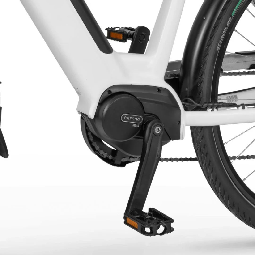 Electric Bike Ecobike Lx 100, close-up of Bafang motor, black pedals, sleek white frame, efficient design.