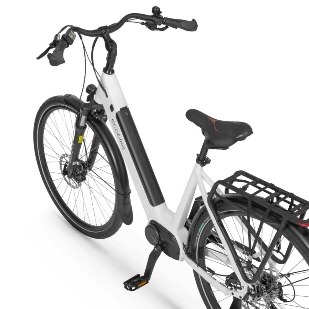 Electric Bike Ecobike Lx 100, modern design, step-through frame, integrated battery, disc brakes, rear rack.