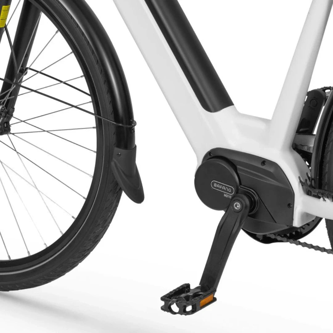 Electric Bike Ecobike Lx 100, close-up of the motor and pedal system, sleek design, black and white colors.