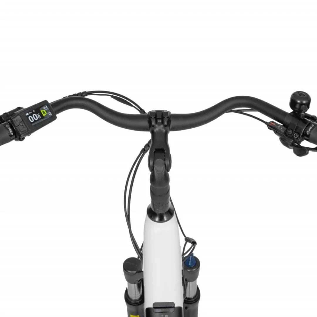 Electric Bike Ecobike Lx 100, overhead view of handlebars, digital display, integrated design, sleek look.