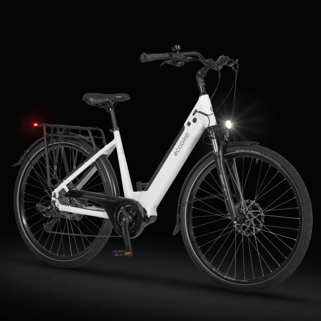 Electric Bike Ecobike Lx 100, sleek design, white frame, integrated lights, sturdy tires, and rear rack.