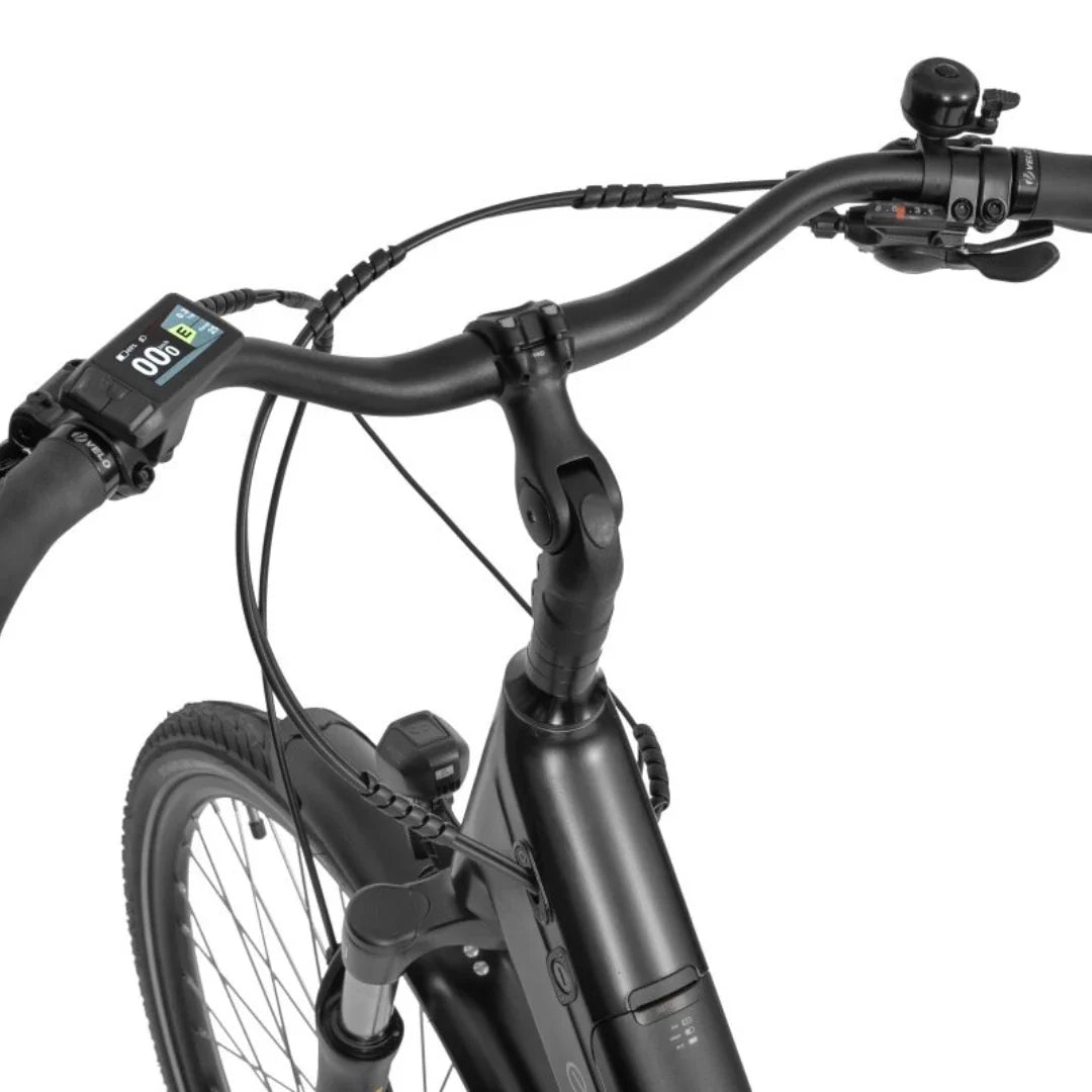 Electric Bike Ecobike Lx 100, sleek handlebars with digital display and control switches, modern design.