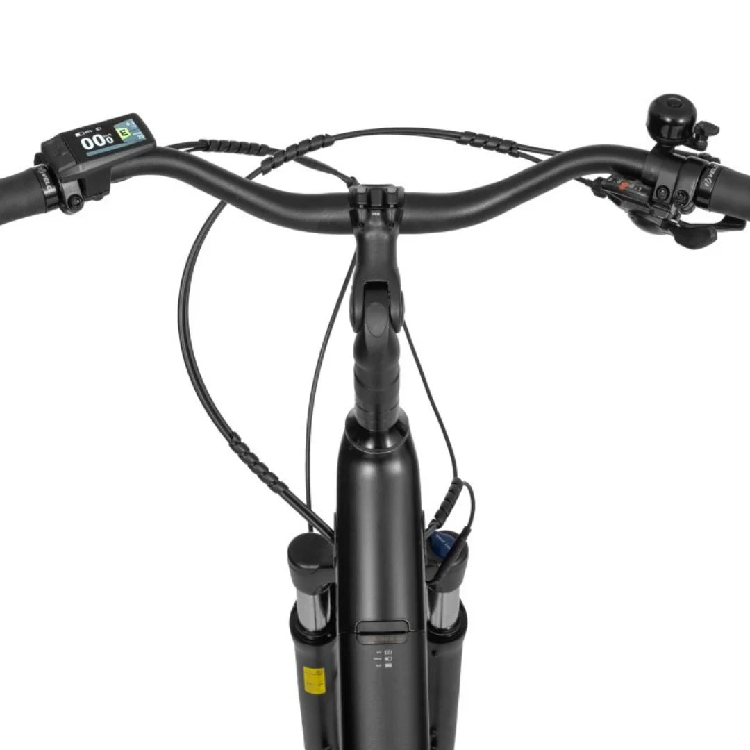 Electric Bike Ecobike Lx 100, top view of handlebars, digital display, sleek black design, comfortable grip.