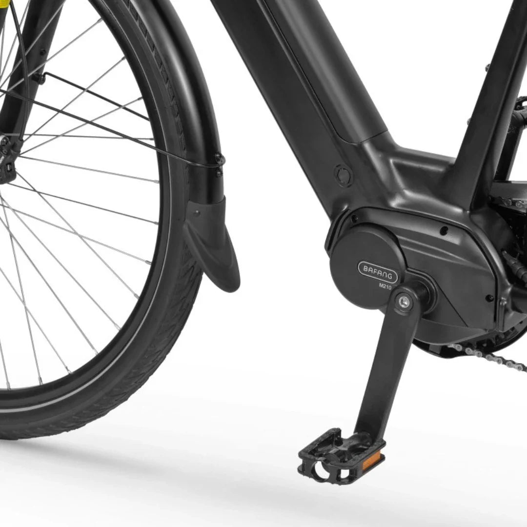 Electric Bike Ecobike Lx 100, features a sleek black frame, Bafang motor, sturdy pedal and wheel design.