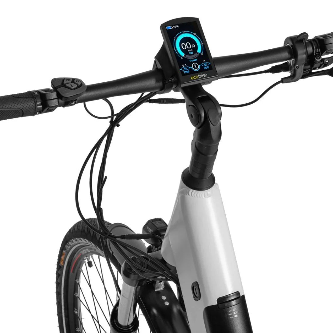 Electric Bike Ecobike Lx300, modern handlebars, digital display, sleek design, integrated controls.