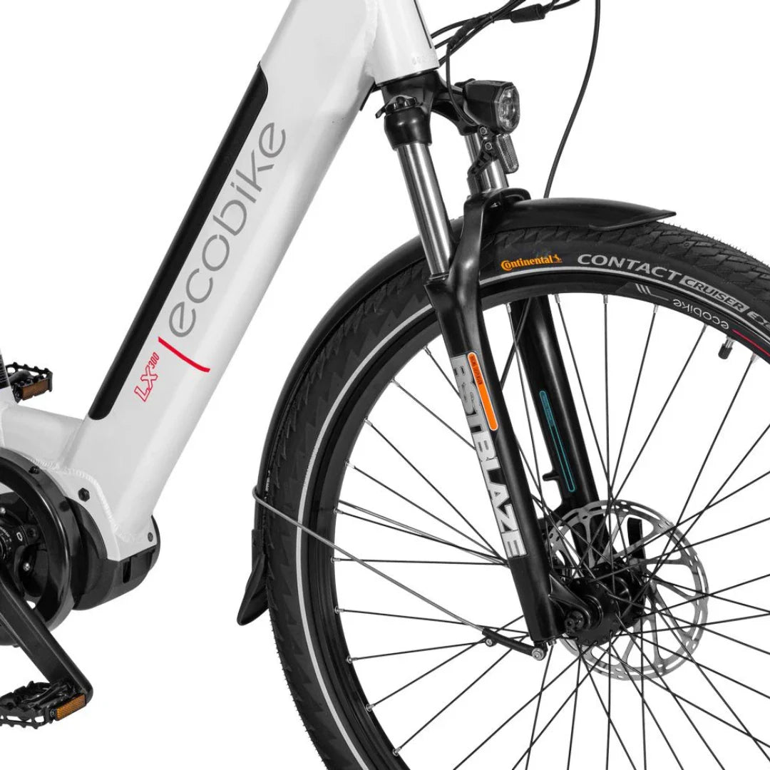 Electric Bike Ecobike Lx300, sleek white frame, front suspension fork, durable tires, modern design.