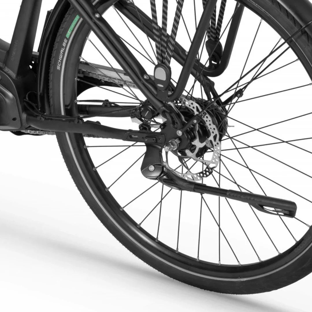 Electric Bike Ecobike Lx, detailed view of the rear wheel and brake system, showcasing modern design elements.