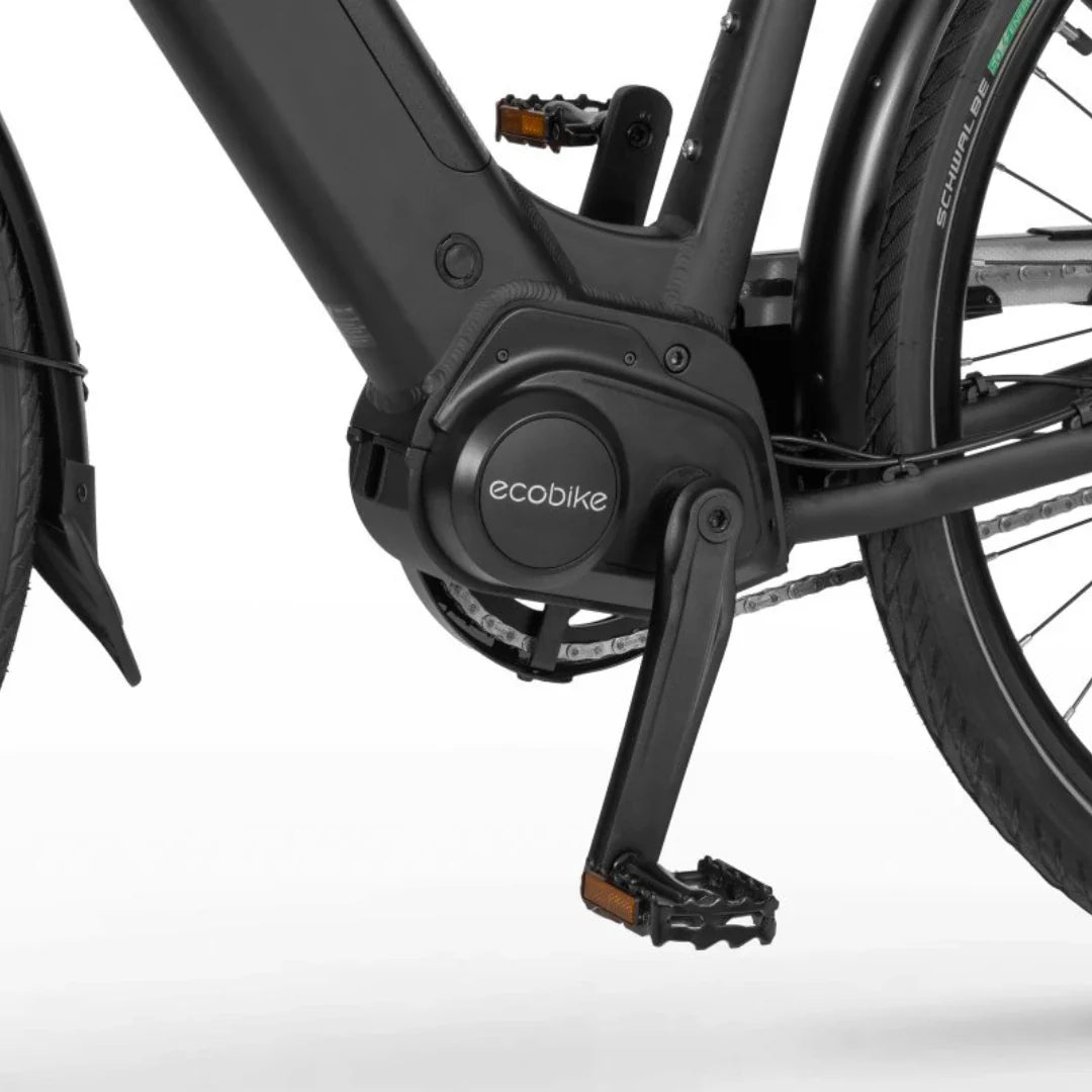 Electric Bike Ecobike Lx, features a sleek design with an integrated motor, sturdy frame, and pedals.