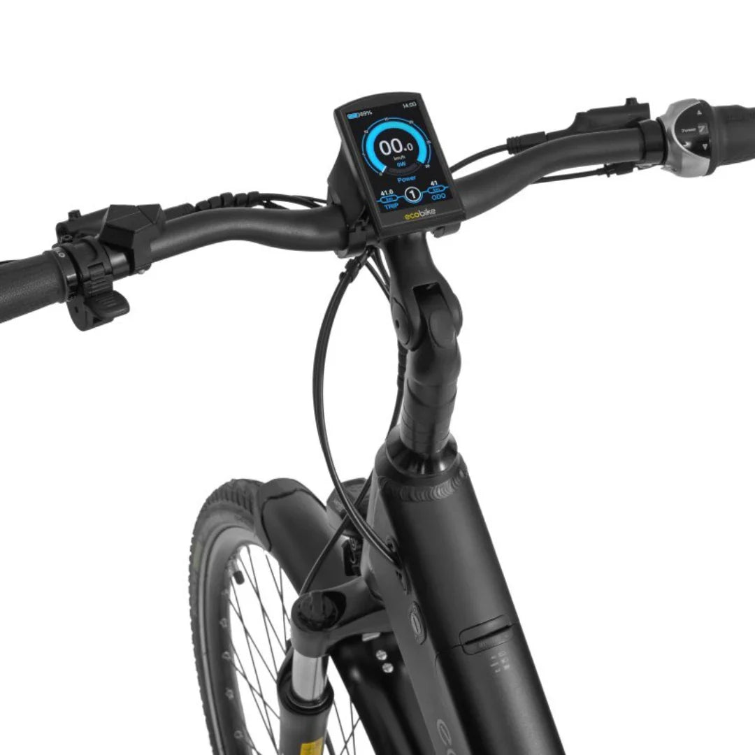 Electric Bike Ecobike Lx, sleek handlebars with digital display, featuring speed and power settings.