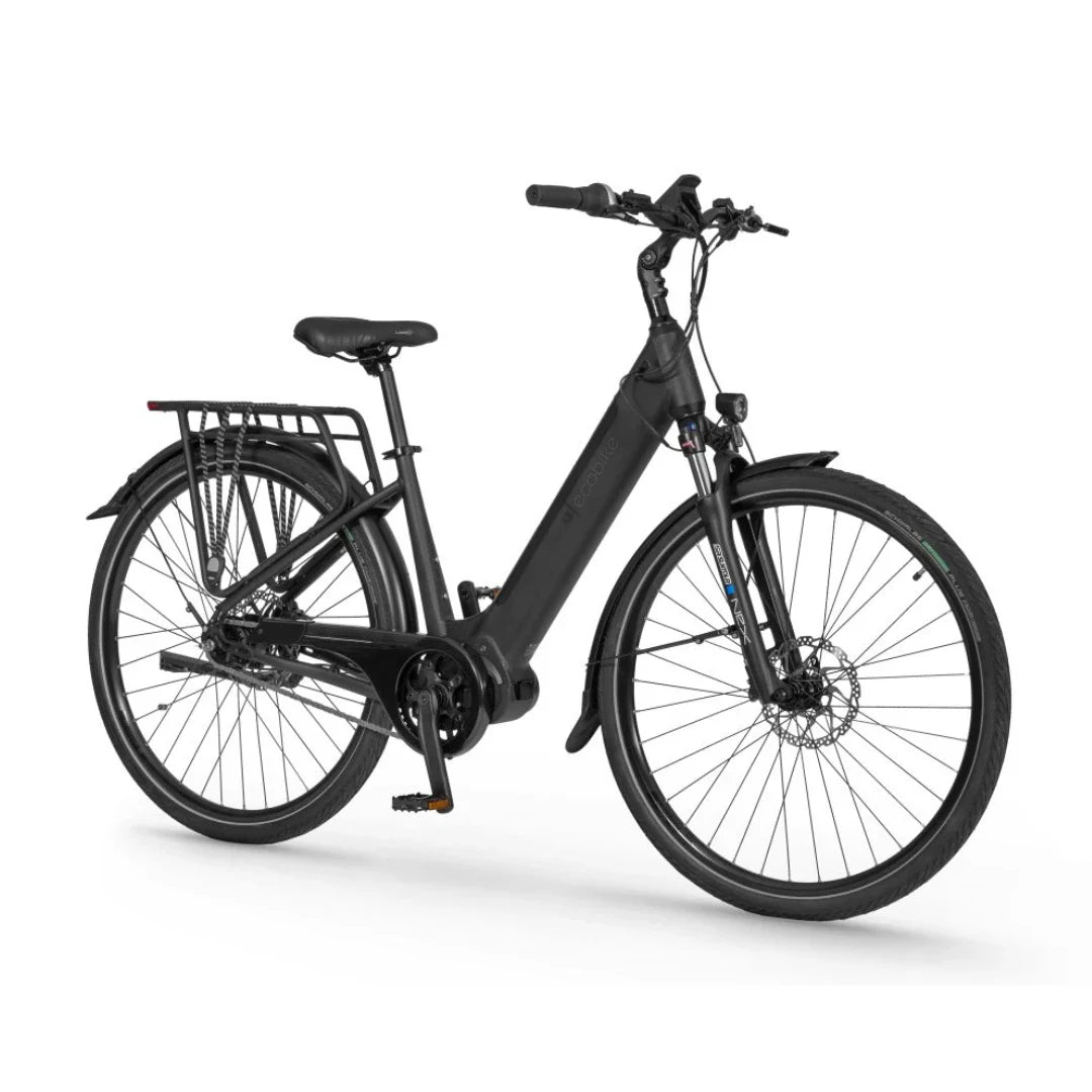 Electric Bike Ecobike Lx, sleek black design, step-through frame, disc brakes, and rear cargo rack.