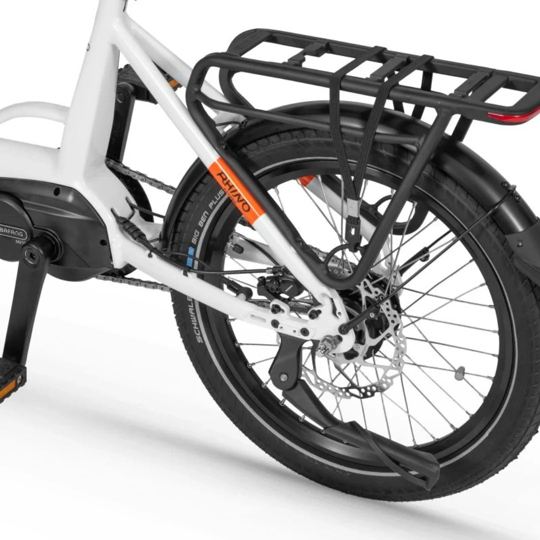 Electric Bike Ecobike Rhino Cruise, modern design, sturdy rear rack, powerful Bafang motor, durable tires.