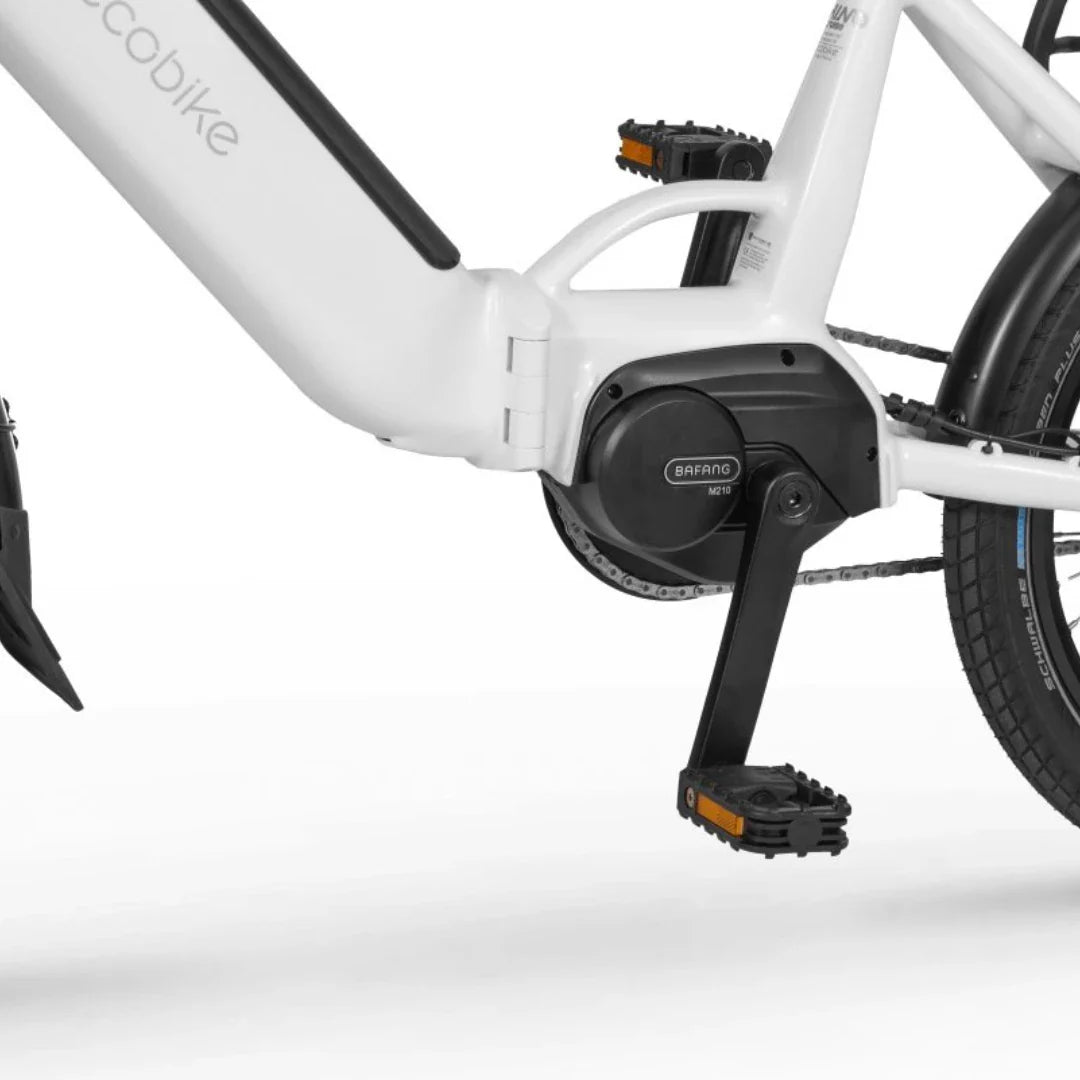Electric Bike Ecobike Rhino Cruise, features Bafang motor, modern white frame, and durable pedals.
