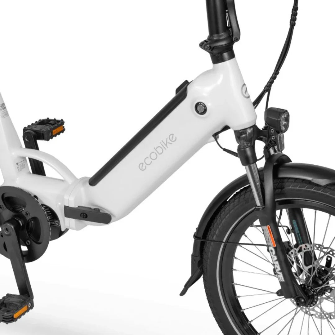 Electric Bike Ecobike Rhino Cruise, sleek white frame, integrated battery, front suspension, stylish design.