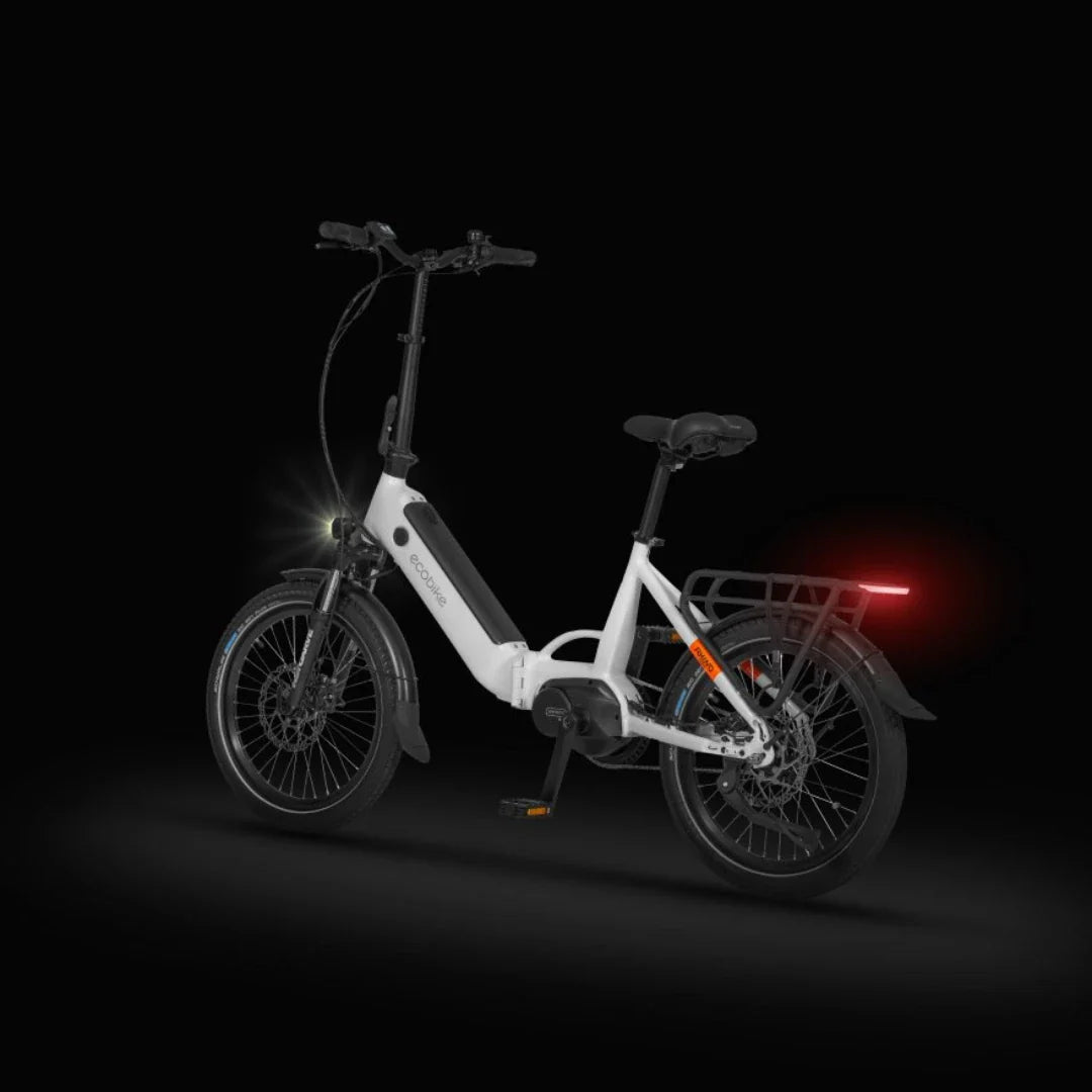 Electric Bike Ecobike Rhino Cruise, compact design, white frame, rear rack, front light, ergonomic seat.