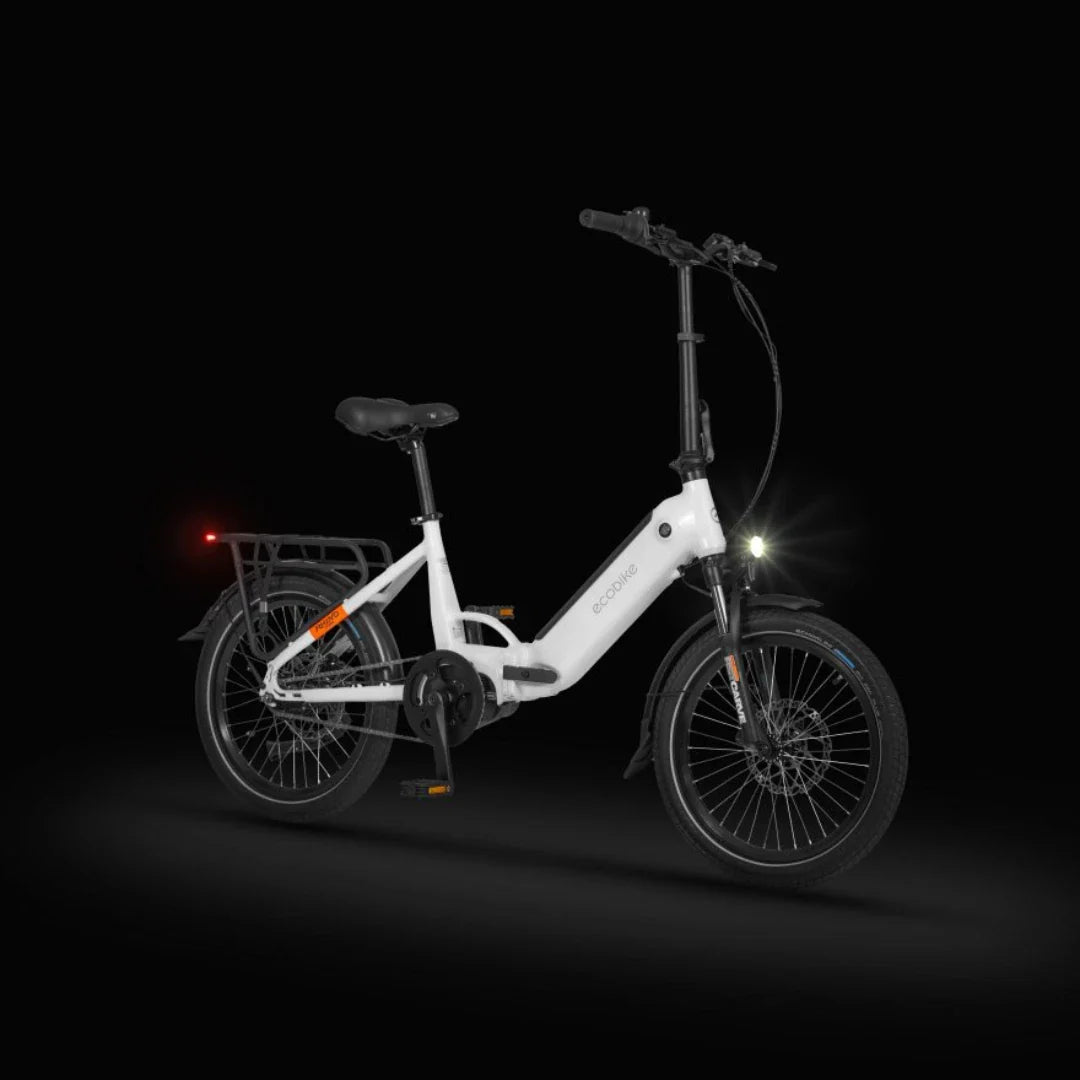 Electric Bike Ecobike Rhino Cruise, compact design, LED lights, rear rack, black background, sleek profile.