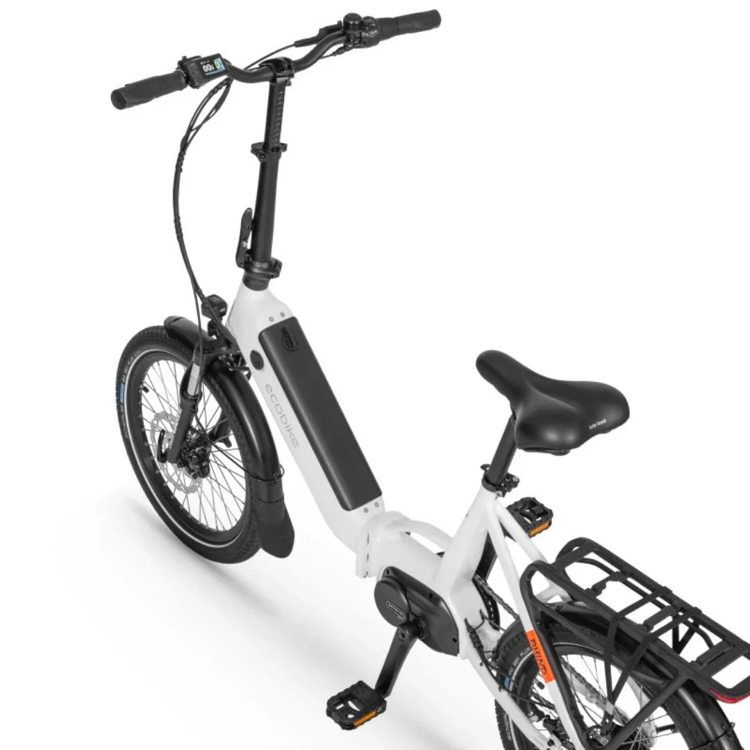 Electric Bike Ecobike Rhino Cruise, sleek white design, features battery, comfortable seat, and rear rack.