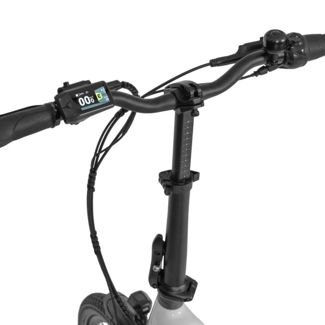 Electric Bike Ecobike Rhino Cruise, top view of handlebars with display, throttle, and adjustable stem.