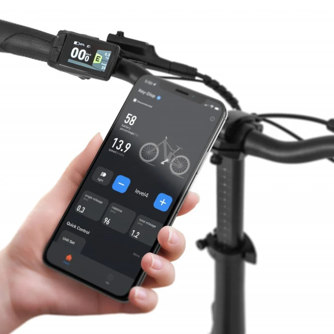 Electric Bike Ecobike Rhino Cruise, showing control display and mobile app with battery status and settings.