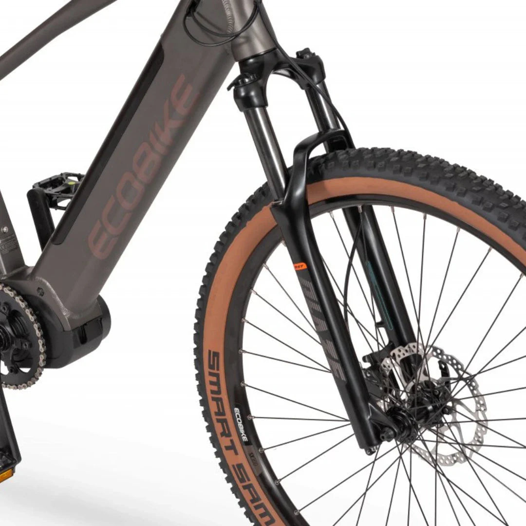 Mountain Electric Bike Ecobike Sx300, sturdy frame, front suspension, rugged tires, sleek design.